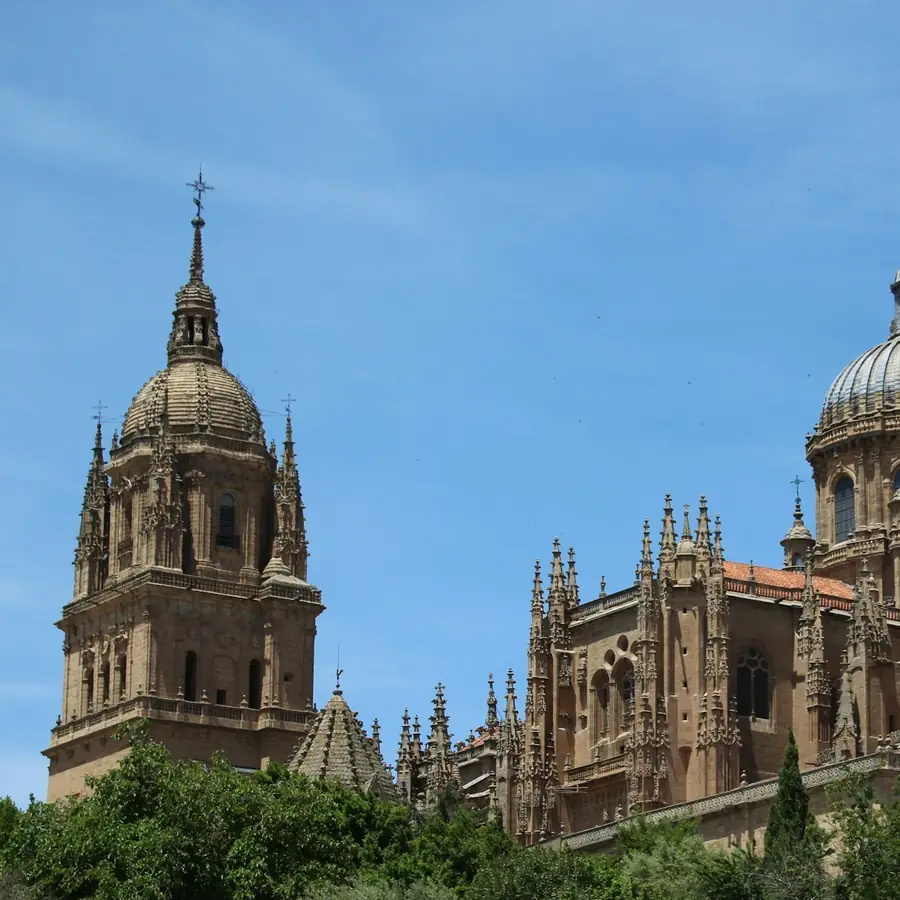 Catedral de Salamanca con su cúpula y sus pináculos bajo un cielo azul