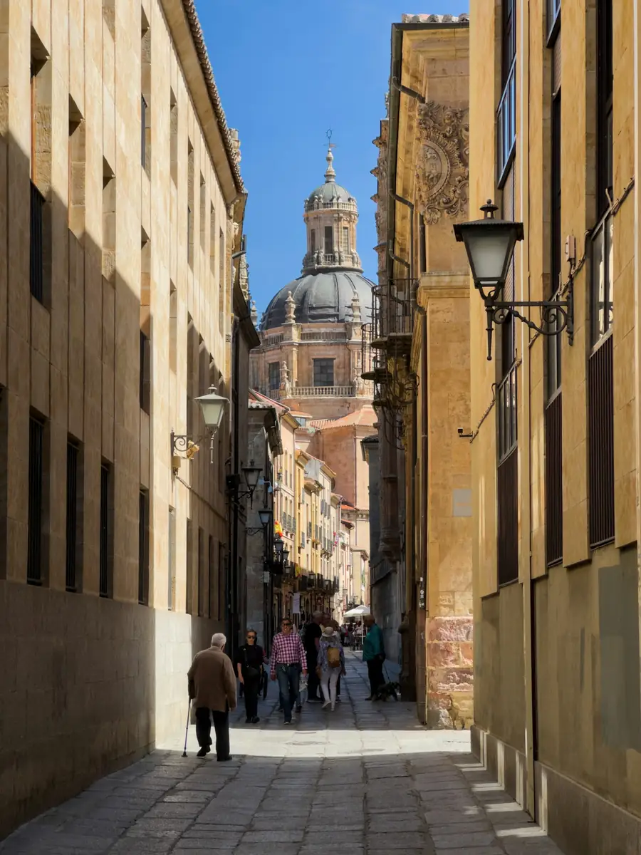 Calle de piedra del casco antiguo de Salamanca con la cúpula de La Clerecía al fondo